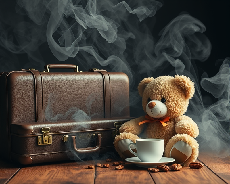 smoke, teddy bear, suitcase, pecan, coffee